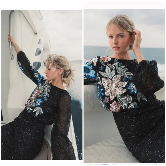 Mac Duggal 5615 size 12 floral embellished gown long blouson sleeves - Picture 3 of 12